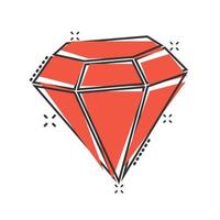 Diamant-Edelstein-Symbol im Comic-Stil. Edelsteinkarikatur-Vektorillustration auf weißem lokalisiertem Hintergrund. Geschäftskonzept mit glänzendem Splash-Effekt für Schmuck. vektor