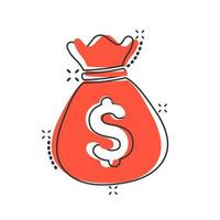 Vektor-Cartoon-Geldbeutel-Symbol im Comic-Stil. Geldbeutel mit Dollarillustrationspiktogramm. Konzept des Geldsack-Splash-Effekts. vektor