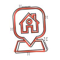 Home-Pin-Symbol im Comic-Stil. Hausnavigation Cartoon-Vektor-Illustration auf weißem Hintergrund isoliert. Lokalisieren Sie Position Splash-Effekt-Geschäftskonzept. vektor