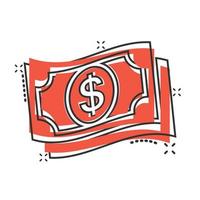 Geld-Dollar-Symbol im Comic-Stil. Tauschen Sie Bargeldkarikatur-Vektorillustration auf weißem lokalisiertem Hintergrund aus. banknote bill splash effekt geschäftskonzept. vektor