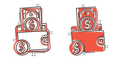 plånbok ikon i komisk stil. handväska tecknad serie vektor illustration på vit isolerat bakgrund. finansiera väska med dollar och cent stänk effekt företag begrepp.