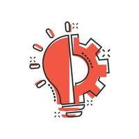 Innovationssymbol im Comic-Stil. Glühbirne mit Zahnrad-Cartoon-Vektorillustration auf weißem, isoliertem Hintergrund. Idee Spritzeffekt Geschäftskonzept. vektor