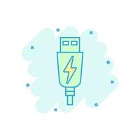 USB-Kabel-Symbol im Comic-Stil. vektor-karikaturillustration des elektrischen ladegeräts auf weißem lokalisiertem hintergrund. Geschäftskonzept mit Splash-Effekt für den Batterieadapter. vektor