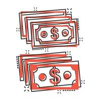 dollar valuta sedel ikon i komisk stil. dollar kontanter tecknad serie vektor illustration på vit isolerat bakgrund. sedel räkningen stänk effekt företag begrepp.
