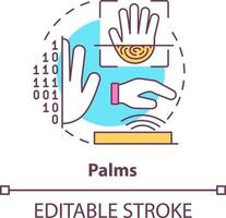 Palmen Konzept Symbol. biometrisch Identifizierung Technologie abstrakt Idee dünn Linie Illustration. Palme Vene scannen. isoliert Gliederung Zeichnung. editierbar Schlaganfall vektor