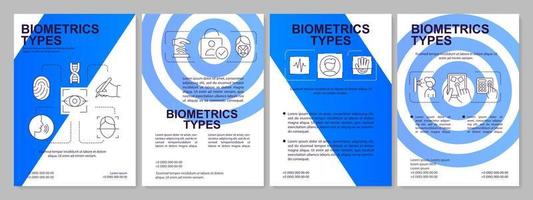 Biometrie Typen Blau Broschüre Vorlage. Digital Identität. Flugblatt Design mit linear Symbole. editierbar 4 Vektor Layouts zum Präsentation, jährlich Berichte