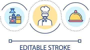 huvud kock jobb slinga begrepp ikon. kök personal abstrakt aning tunn linje illustration. mat förberedelse. hantera matlagning bearbeta. isolerat översikt teckning. redigerbar stroke vektor