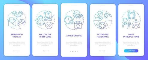 Geschäft Veranstaltung Etikette Regeln Blau Gradient Onboarding Handy, Mobiltelefon App Bildschirm. Komplettlösung 5 Schritte Grafik Anleitung mit linear Konzepte. ui, ux, gui Vorlage vektor