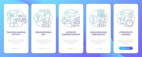 Probleme im korporativ Ausbildung Blau Gradient Onboarding Handy, Mobiltelefon App Bildschirm. Komplettlösung 5 Schritte Grafik Anleitung mit linear Konzepte. ui, ux, gui Vorlage vektor