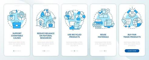 ekologisk varumärke funktioner blå onboarding mobil app skärm. genomgång 5 steg redigerbar grafisk instruktioner med linjär begrepp. ui, ux, gui mall vektor