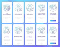 Daten Wissenschaft Technologie Trends Blau Gradient Onboarding Handy, Mobiltelefon App Bildschirme Satz. Komplettlösung 5 Schritte Grafik Anleitung mit linear Konzepte. ui, ux, gui Vorlage vektor