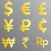 valuta ikon vektor samling. uppsättning av över hela världen valuta vektor design element. gyllene valutor vektor grafisk resurs. dollar, euro, damm, yen, rubel, cent, vann, rupee och rupiah symbol