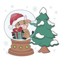 Weihnachten Baum Stier Neu Jahr Karikatur Vektor Illustration einstellen