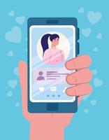 online dating service applikation med handen håller en smartphone med kvinnoprofil vektor