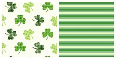 st. Patricks Tag einstellen von zwei nahtlos dekorativ Muster von irisch Tartan Kleeblatt Blätter und Grün Streifen. Hand gezeichnet Design zum st. Paddy Tag Feier, Party Dekoration, Scrapbooking, Textil. vektor