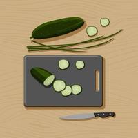 platt lägga med Ingredienser för friska vegan mat på trä- bakgrund. skärande styrelse, kök kniv, gurka, fjälllök och cutted gurka. topp se illustration. platt begrepp. vektor