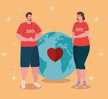 volontärpar som bär röda skjortor med världsplaneten och hjärtat, välgörenhets- och socialvårdsdonationskoncept vektor