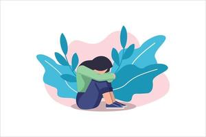 deprimerad ledsen ensam kvinna i ångest, sorg vektor tecknad serie illustration. ensamhet begrepp av depression med betonade flicka Sammanträde och innehav henne knän behöver psykoterapi hjälp, empati, Stöd