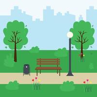 städtisch Sommer- Park mit Grün Bäume, Bänke, Gehweg, Straße Licht und Müll dürfen. Vektor Illustration