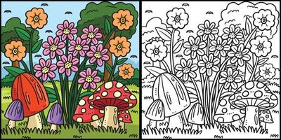 vår svamp och blommor färg illustration vektor