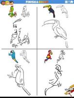 teckning och färg kalkylblad uppsättning med komisk fåglar vektor