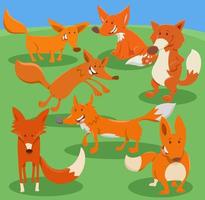 Lycklig tecknad serie rävar vild djur- tecken grupp vektor