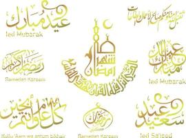einstellen von Vektor Illustration Kalligraphie zum Ramadan karem, ied Mubarak, Gold Farbe im Weiß Hintergrund