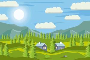 vår landskap bakgrund illustration med fjäll, hus, och träd vektor