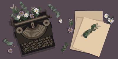 Jahrgang Schreibmaschine mit Blumen Innerhalb und Blätter von Papier. des Schriftstellers Tag, des Dichters Tag. ein schwarz alt Schreibmaschine mit Blumen und Blätter auf ein dunkel Hintergrund. Vektor Illustration. Banner, Postkarte.