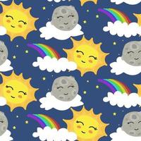 en mönster med en söt Sol, måne och regnbåge i de moln. barns illustration. utskrift på papper och textilier. gåva omslag, bakgrund för vykort, baner, tyg. vektor