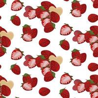 Erdbeere Muster wie Dekoration. rot Erdbeeren separat und im ein Stapel mit ein Schokolade Herz innen. Vektor Illustration. Verpackung zum das Urlaub Valentinstag Tag, Geburtstag, Mutter Tag