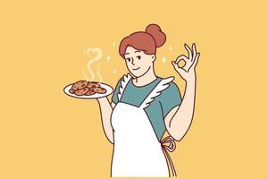 lächelnd Hausfrau im Küche Schürze vorbereiten hausgemacht Kekse zu einladen Familie zum Frühstück. positiv Hausfrau lernt Wie zu Koch Nachspeisen und Gebäck, wollen zu Überraschung Mann und Kinder vektor