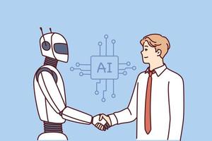Mann schüttelt Hände mit Roboter wie Zeichen von Freundschaft zwischen Menschen und künstlich Intelligenz ai. Konzept Entwicklung Technologien ausgestattet mit künstlich Intelligenz und Neuron Netzwerke vektor