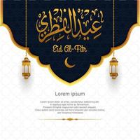 eid al-fitr bakgrund i mörk blå, guld och vit Färg med arabicum kalligrafi. islamic vektor illustration