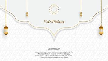 Luxus eid Mubarak Hintergrund im Weiß und Gold Farbe mit islamisch Dekoration. Vektor Illustration