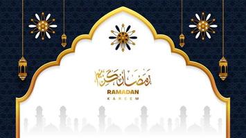 ramadan kareem baner design med arabicum kalligrafi i mörk blå, vit och guld Färg. islamic bakgrund vektor