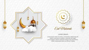 Luxus eid Mubarak Hintergrund im Weiß und Gold Farbe mit 3d islamisch Dekoration. Vektor Illustration