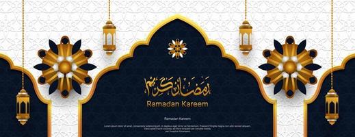 Ramadan kareem Banner Design mit Arabisch Kalligraphie im dunkel Blau, Weiß und Gold Farbe. islamisch Hintergrund vektor