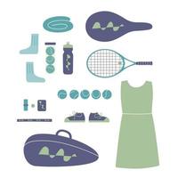 platt vektor illustration i barnslig stil. hand dragen tennis redskap och Utrustning, racket, bollar