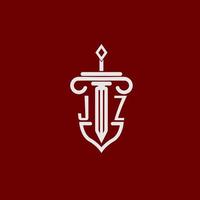 jz första logotyp monogram design för Rättslig advokat vektor bild med svärd och skydda