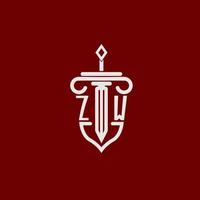 zw första logotyp monogram design för Rättslig advokat vektor bild med svärd och skydda