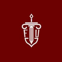 fu första logotyp monogram design för Rättslig advokat vektor bild med svärd och skydda