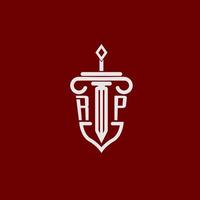 rp första logotyp monogram design för Rättslig advokat vektor bild med svärd och skydda