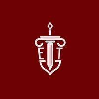 et första logotyp monogram design för Rättslig advokat vektor bild med svärd och skydda