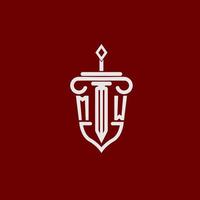 mw första logotyp monogram design för Rättslig advokat vektor bild med svärd och skydda