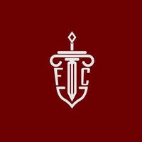 fc första logotyp monogram design för Rättslig advokat vektor bild med svärd och skydda