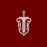 rk första logotyp monogram design för Rättslig advokat vektor bild med svärd och skydda