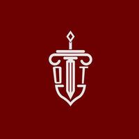ot första logotyp monogram design för Rättslig advokat vektor bild med svärd och skydda