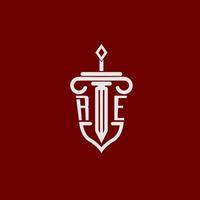 Re Initiale Logo Monogramm Design zum legal Anwalt Vektor Bild mit Schwert und Schild