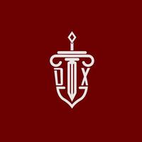 dx första logotyp monogram design för Rättslig advokat vektor bild med svärd och skydda